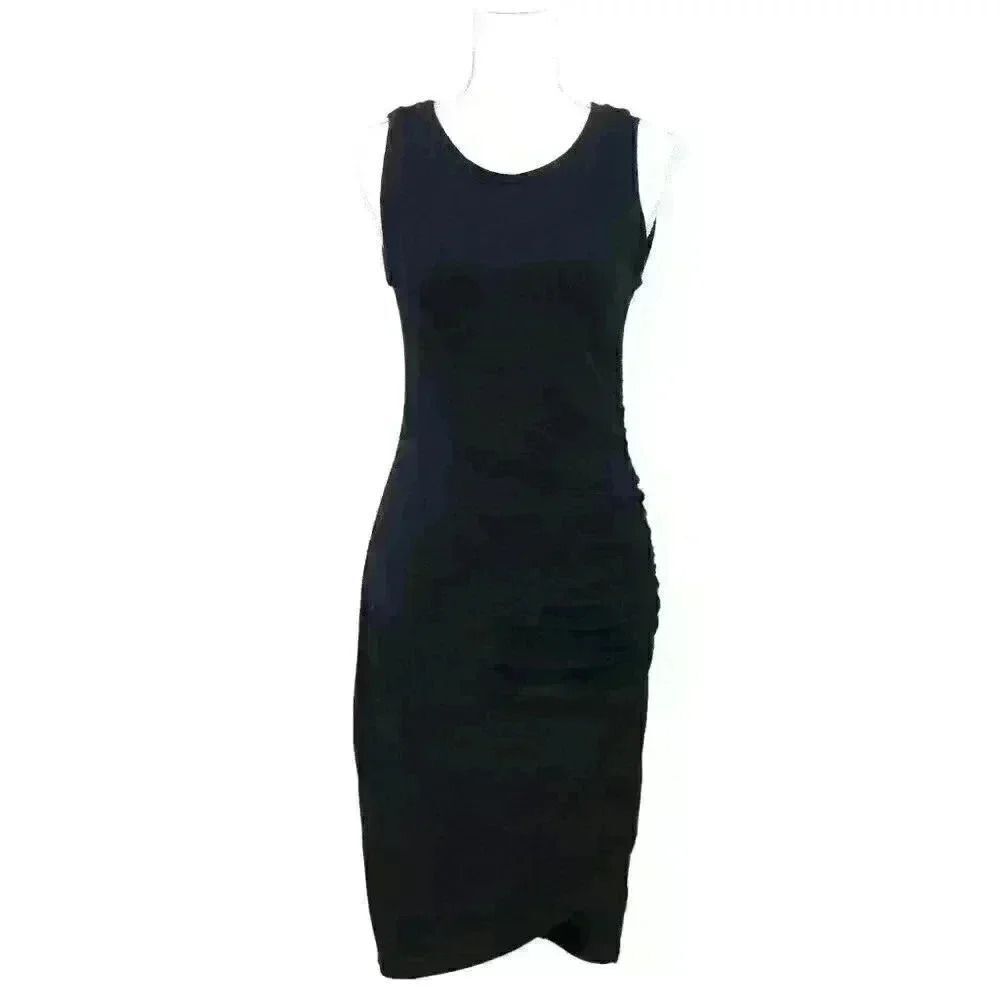TILDON Sleeveless Crew Neck Black Midi Sheath Dress Ruched Side Seam Size Medium
